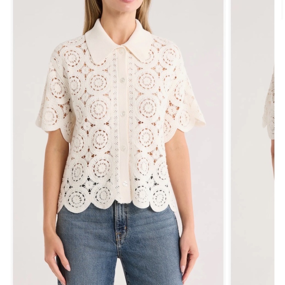 T Tahari Short Sleeve Mosaic Crochet Cardigan Women XL Cream Boho Scalloped